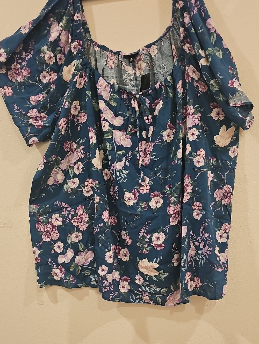 Women's Teal Floral Tie-Neck Blouse